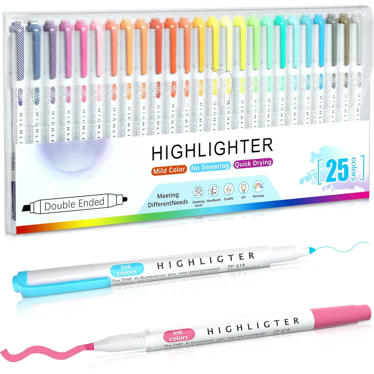 25-Count Mild Color Double Ended Highlighters, Soft Chisel Tip Leak-Proof Office Stationery, Dry Quickly Writing Tools Set with Manufacturer Warranty for School/Office Journaling, 25 Count Colors, 25-Pack