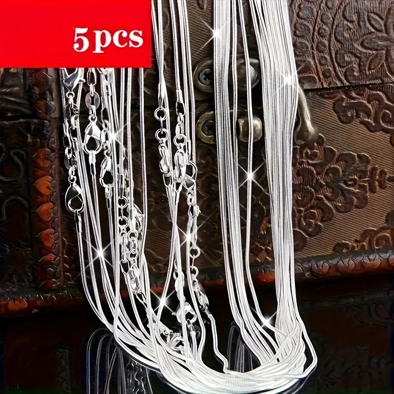 Unisex 925 Sterling Silver Snake Bone Necklaces (5-Piece Set), 1mm Round Handmade, Classic Minimalist Design, Ideal for Anniversary Gift & Valentine's Day Gifting