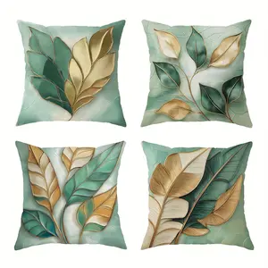 4pcs, Modern-Themed Throw Pillow Covers, Modern Sage Green and Golden Leaf Decorative, Suitable Spring Living Room, Bedroom, Sofa and Bed Decoration, Versatile Usage, 2D Flat, Single Sided Printing, No Pillow Core