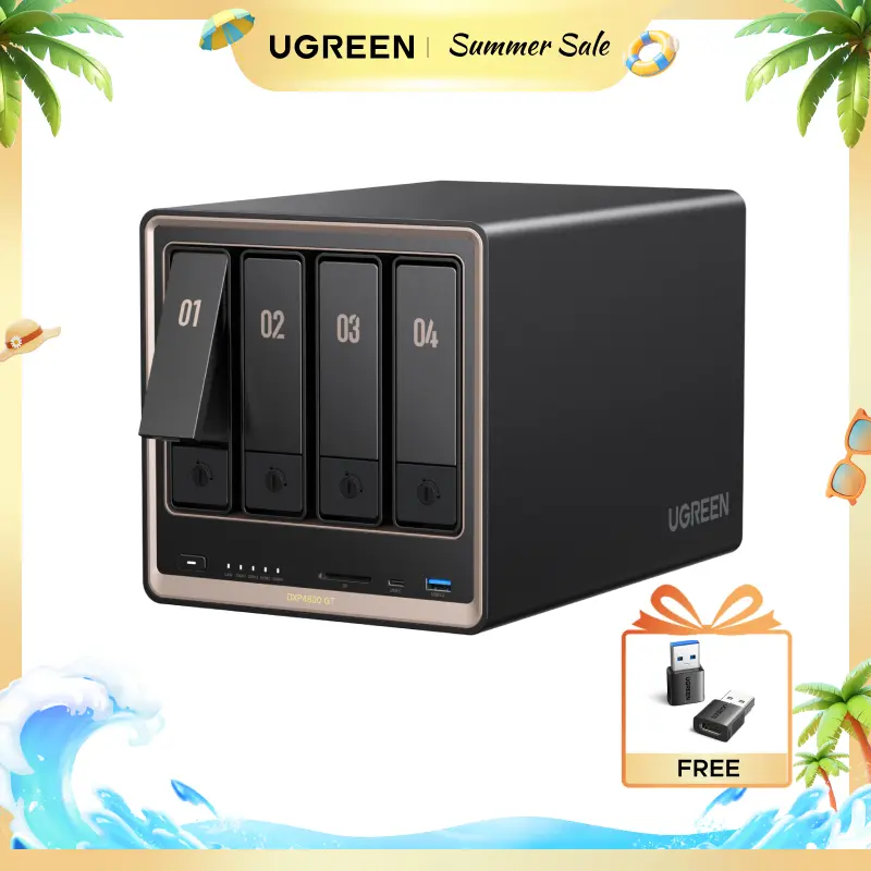 UGREEN NAS DXP4800 GT 4-Bay Desktop Network Attached Storage, AMD R2514 CPU, 8GB DDR4 RAM, Built-in 64GB eMMC, 2X 10GbE, 2X M.2 NVMe Slots, 4K HDMI (Diskless),,Summer Sale