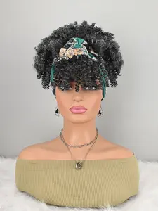 Curly Wig with Chain Print Headwrap, Synthetic Hair, Easy Wear Turban Style, All Seasons, Coily Hair Curl