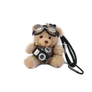 Cute Bear Bag Charms Plush Keychain with Flash Camera & Glass for Handbags Purses Totes Backpacks