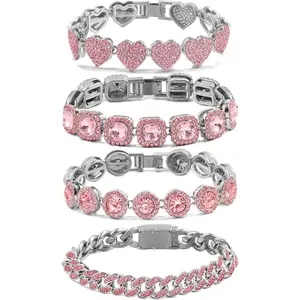 4Pcs/Set Gold Bracelets for Women Silver Clustered Tennis Bracelet for Women Heart Round Diamond Cuban Bracelet Layered Link Bracelet Set Fashion Jewelry for Women Set,Hand Tools Kits