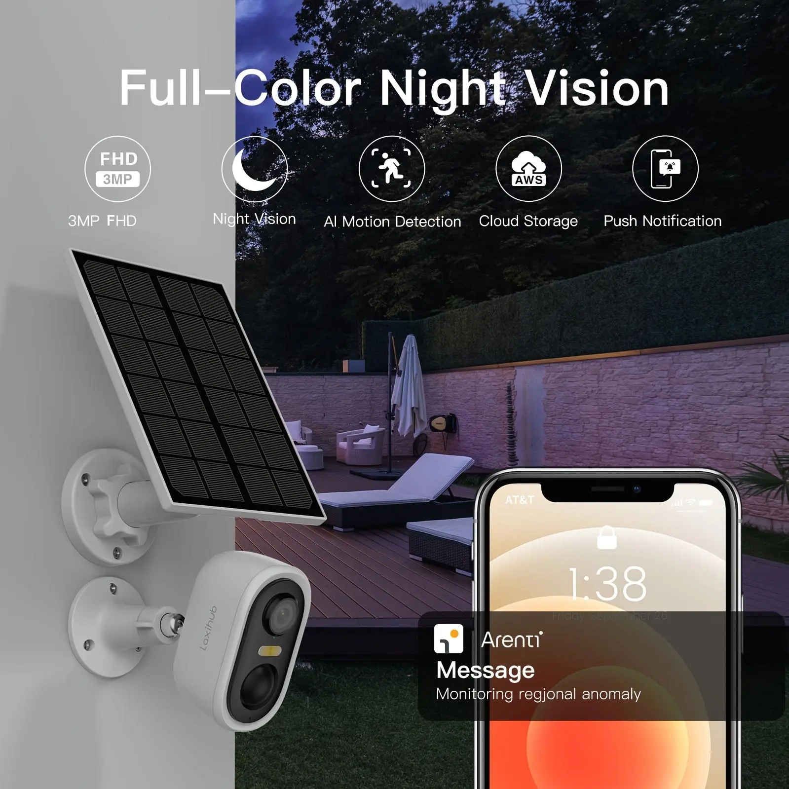 Laxihub Solar Powered Outdoor Wireless Security Camera 1296P FHD, 3MP FHD Video Resolution Battery Powered CCTV Camera 2.4GHz WIF for Home Security Wire-Free Cloud/SD AI Motion Detection Spotlight IP65 Waterproof Color Night Vision 2-Way Audio