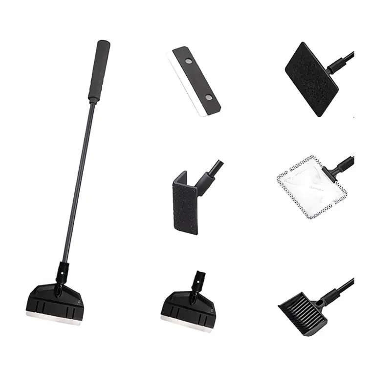 This 5-in-1 aquarium cleaning tool kit features an adjustable long handle and includes a fish tank cleaner, algae scraper, flat scrubber, right-angle scrubber, gravel rake, net, and algae scraper.