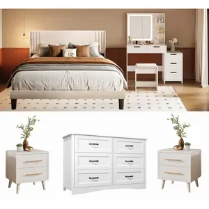 Gizoon 5 Pieces Bedroom Furniture Set, Includes Queen Size Bed Frame with Headboard, Vanity Desk with 5 Storage Drawers，Mirror and Lights,6-Drawers Dressers and Nightstand Sets of 2，White