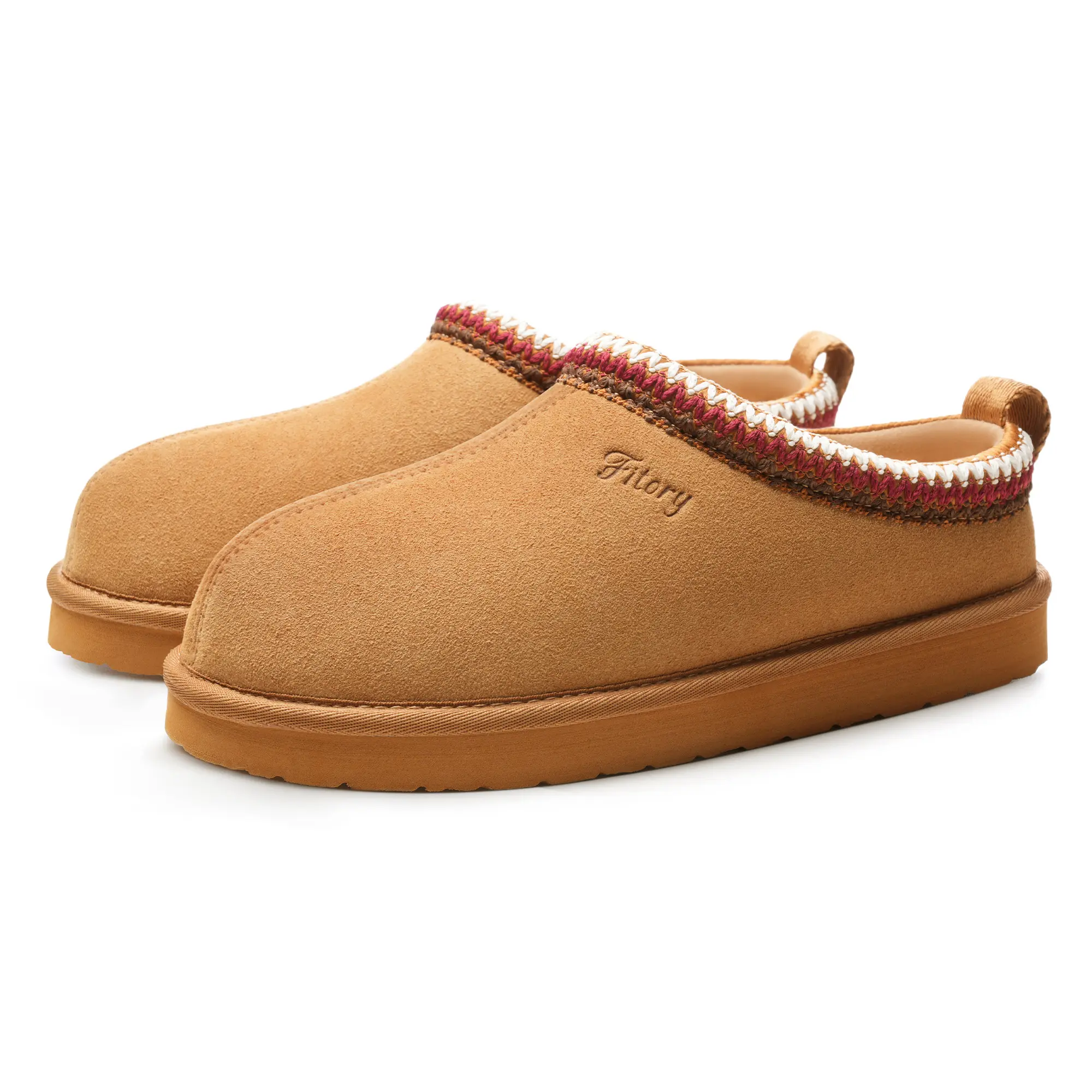 FITORY Women's Low Profile Scuff Slippers, Suede Fluffy Lined Slip On Footwear, Colorful Stitch Trim, Flat Non Slip Sole for Indoor & Outdoor Daily Walking