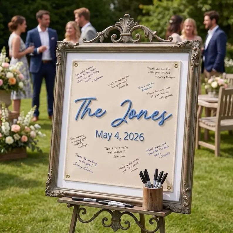 Custom Wedding Guest Book Canvas, Boho Last Name, Chain Stitch Banner, Family Name Sign, Last Name Flag Banner, Hand-Stitched Embroidered