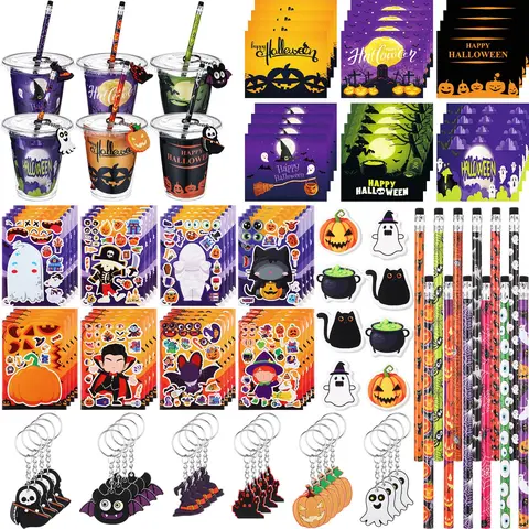 24 Set Halloween Party Favors for Class Cups Filler Trick or Treat Party Supplies include Goody Cups Pencil Keychain Sticker Eraser or Silicone Bracelet Card or Stickers for Students Girls Boys for Fall Spooky Themed Parties Gifts Prizes Rewards