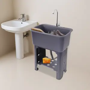 summerwins Freestanding PP Plastic Utility Sink with 1*Faucet (360° Swivel), Washboard, 22.05*12.6*10.24in Adjustable Bowl, Heavy Duty Build, 110lbs Load Capacity, Fast Drainage, 1*Drain Pipe, All Accessories for Assembly, for Laundry Room, Garage