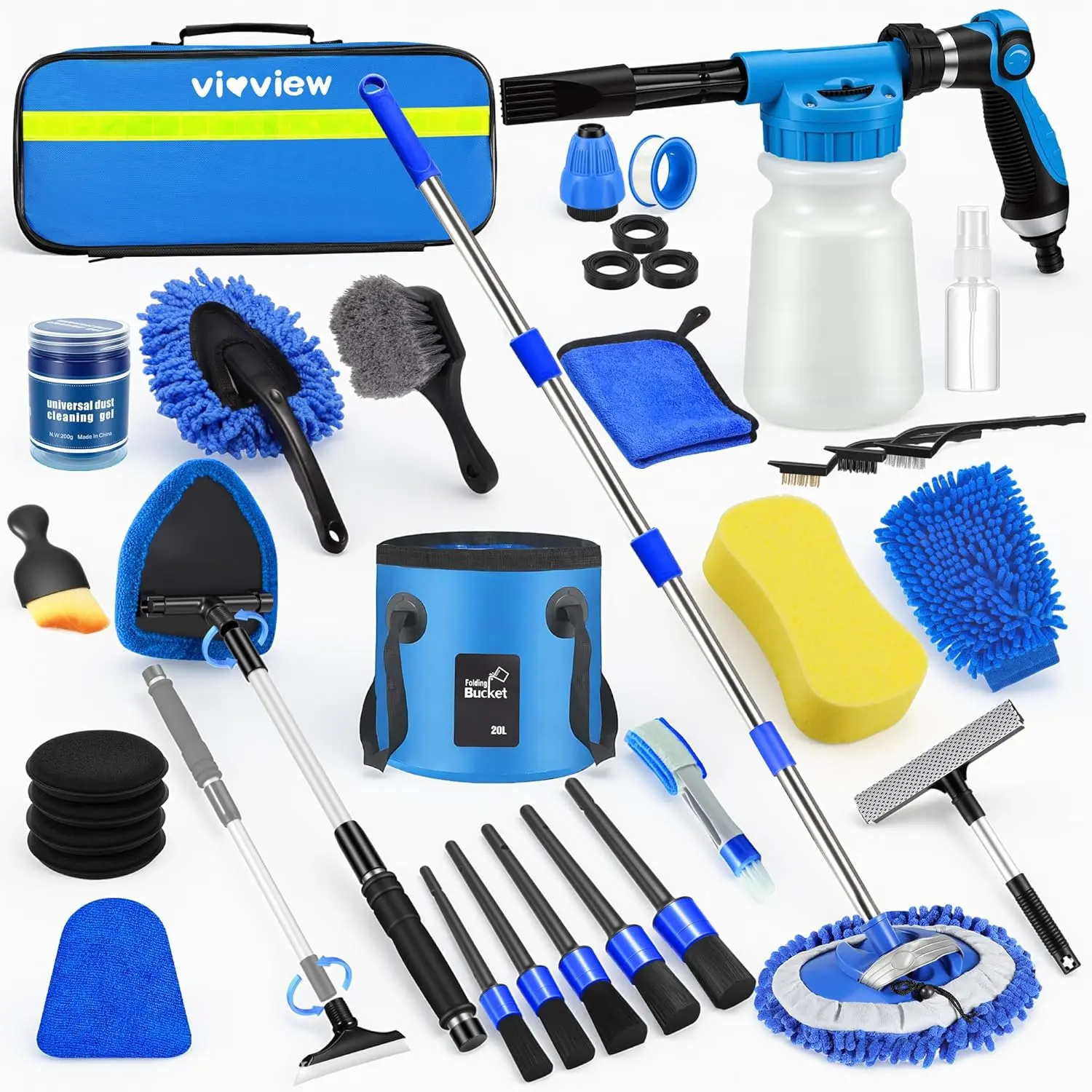 【summerfinds】36Pcs Blue Car Wash Detailing Kit，Car Cleaning Set with Foam Gun Sprayer，Long-Handle Brush Mop，Large Collapsible Bucket，Complete Car Wash Supply Gift for Men and Women