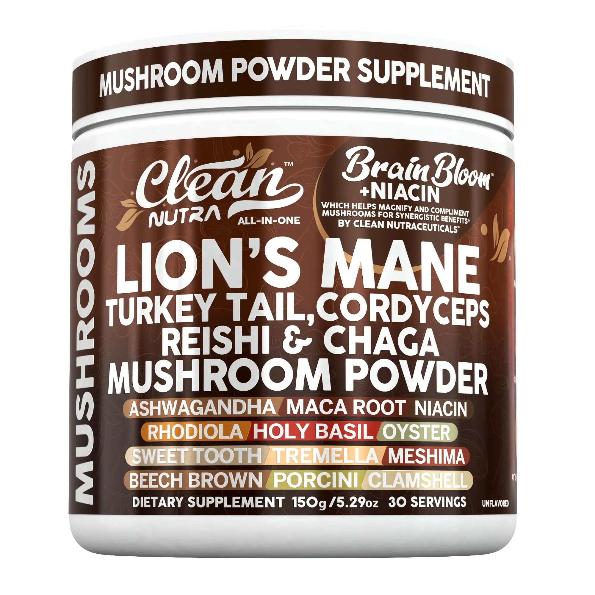 Clean Nutra Lion’s Mane, Turkey Tail, Cordyceps, Reishi & Chaga, Mushroom Powder for Cognitive & Wellness - BrainBloom