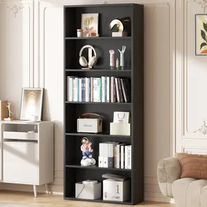 Walsunny 70'' Black Bookcases Floor Standing 6-Tiers Display Storage Shelves Tall Bookcase for Office Freestanding Industrial Ladder Organize Modern Design Minimal Stylish 65.8 lbs Load Capacity Easy Install