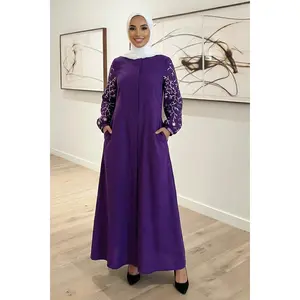 Lina Abaya - Purple Modest Floor-Length Abaya with White Botanical Embroidery on Sleeves for Special Occasions & Everyday Wear