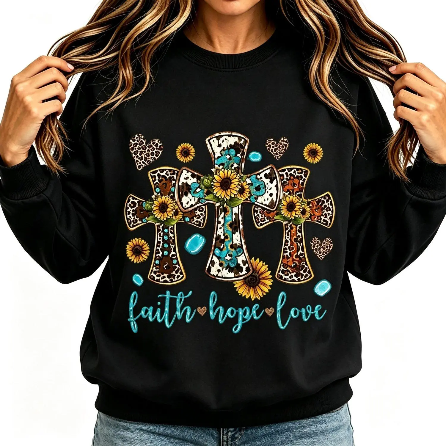 Crew neck sweatshirt with Graphic Cross Sunflower Heart Faith Hope Love Print Short Sleeve Casual Top for Day of the Dead Midsummer Halloween Style