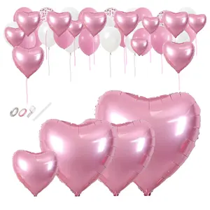 Pink Heart Foil Balloon Set 51 pcs 32 24 & 18 in- with Confetti & Latex Balloons for Birthdays, Baby Showers, Baptism, Bachelorette Parties & Weddings