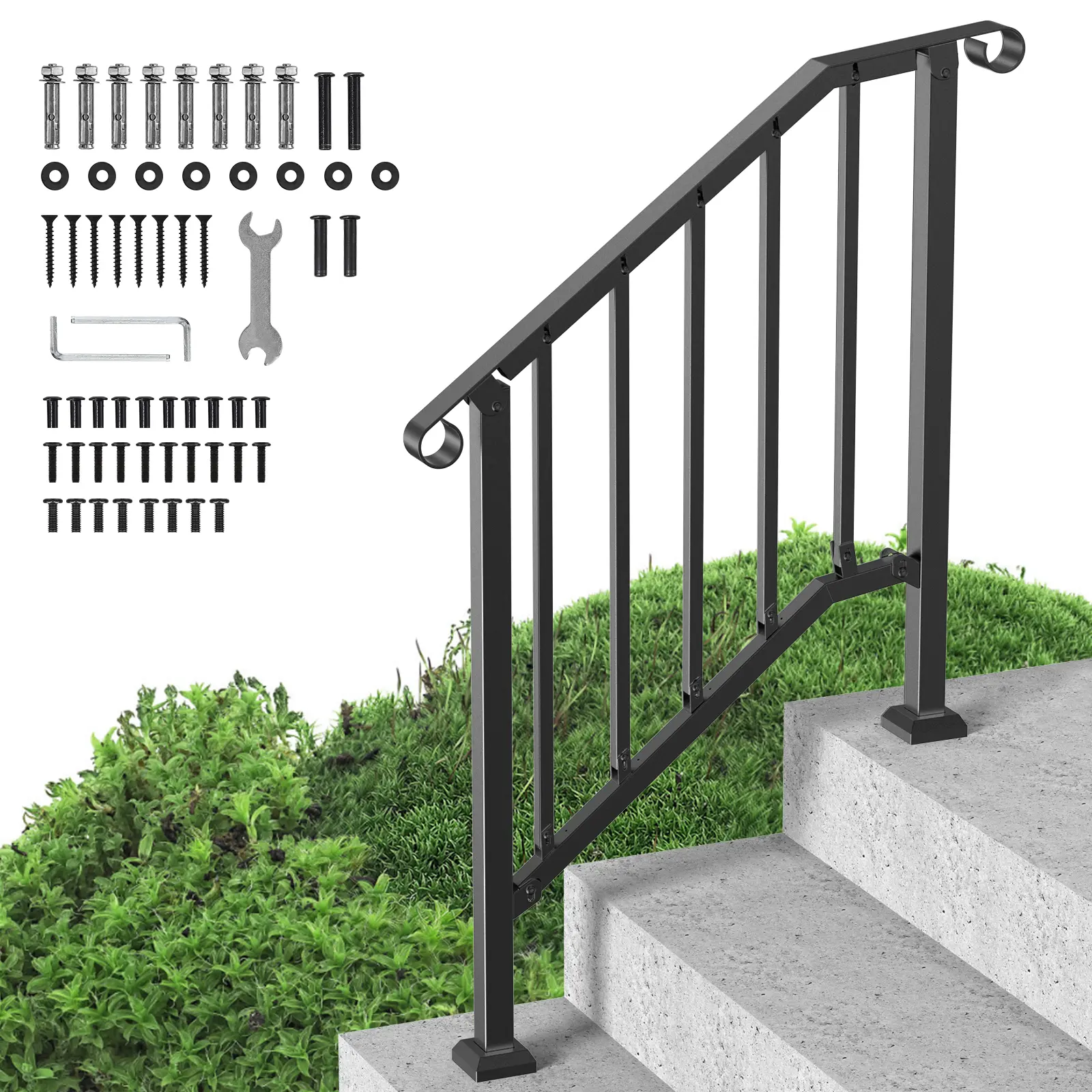 【summerfinds】VEVOR Handrails for Outdoor Steps, 2-3 Step Stair Hand Rail Kit, Transitional Carbon Steel Railings with Installation Kit, Stair Rails for Seniors, Concrete Steps & Porch & Deck, Black Retro Arch