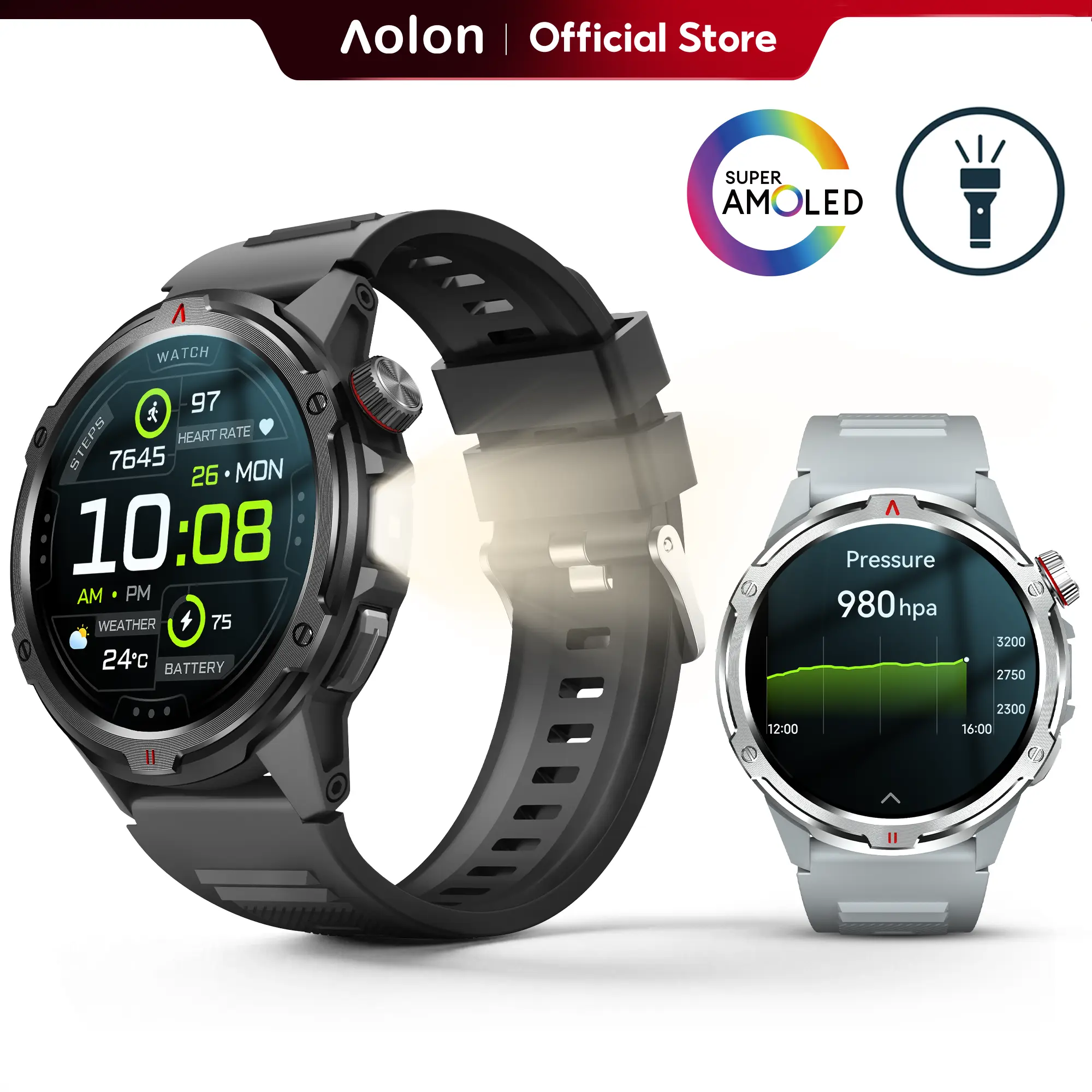 【Built-in AGPS】Aolon Tetra R4 46mm AMOLED Smart Sports Watch — LED Lights, Wireless Calling, Message Alerts, Sports Modes, Voice Assistant, Weather Updates, Stopwatch & Timer, Compatible with Android & iPhone. #summerwins#SummerFinds