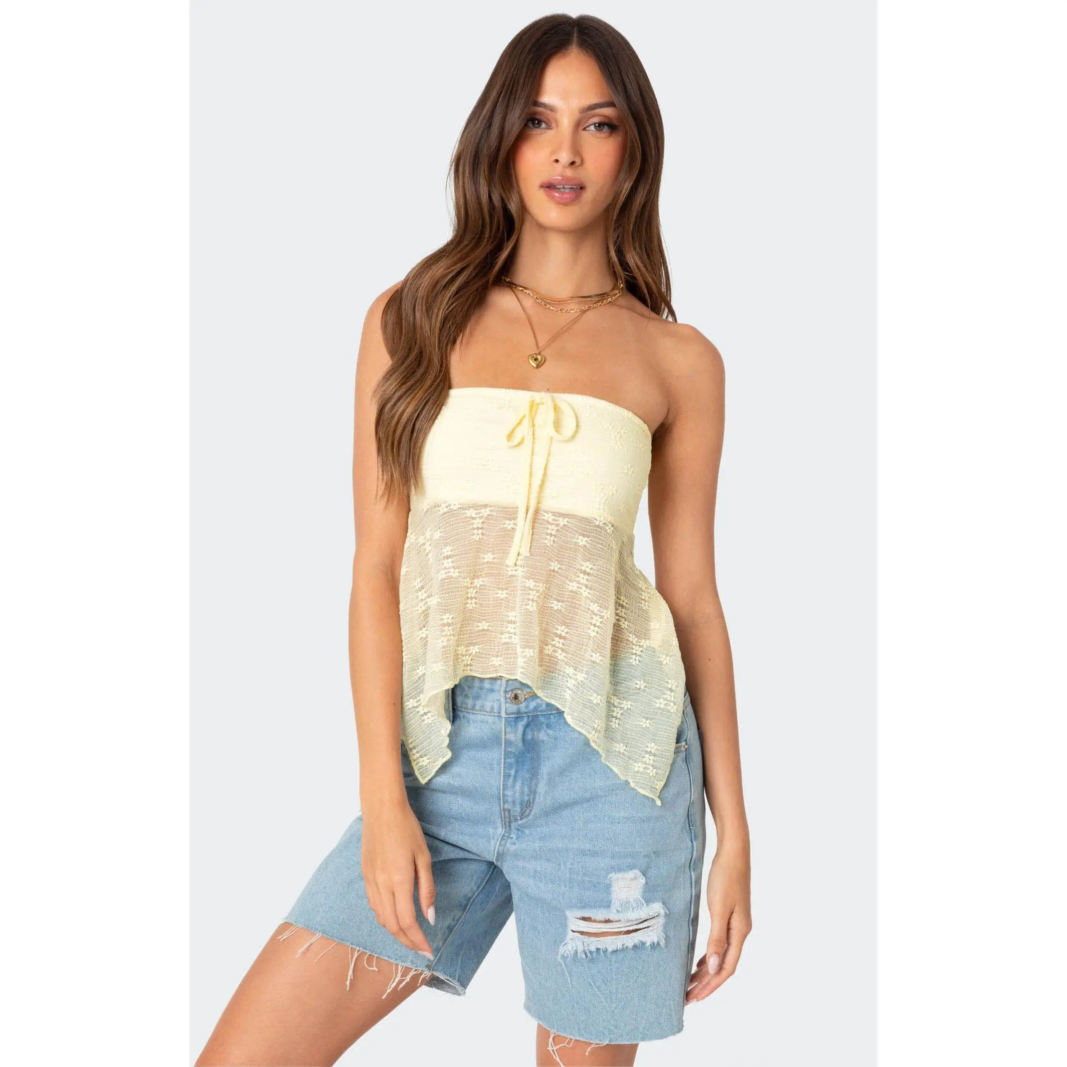 Edikted Women's Embroidered Sheer Strapless Top