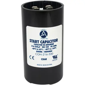 Appli Parts motor start capacitor 216-259 Mfd (microfarads) uF 330 VAC universal fit for electric motor applications 1-3/4 in Wide 3-3/8 in Height CON-216-330