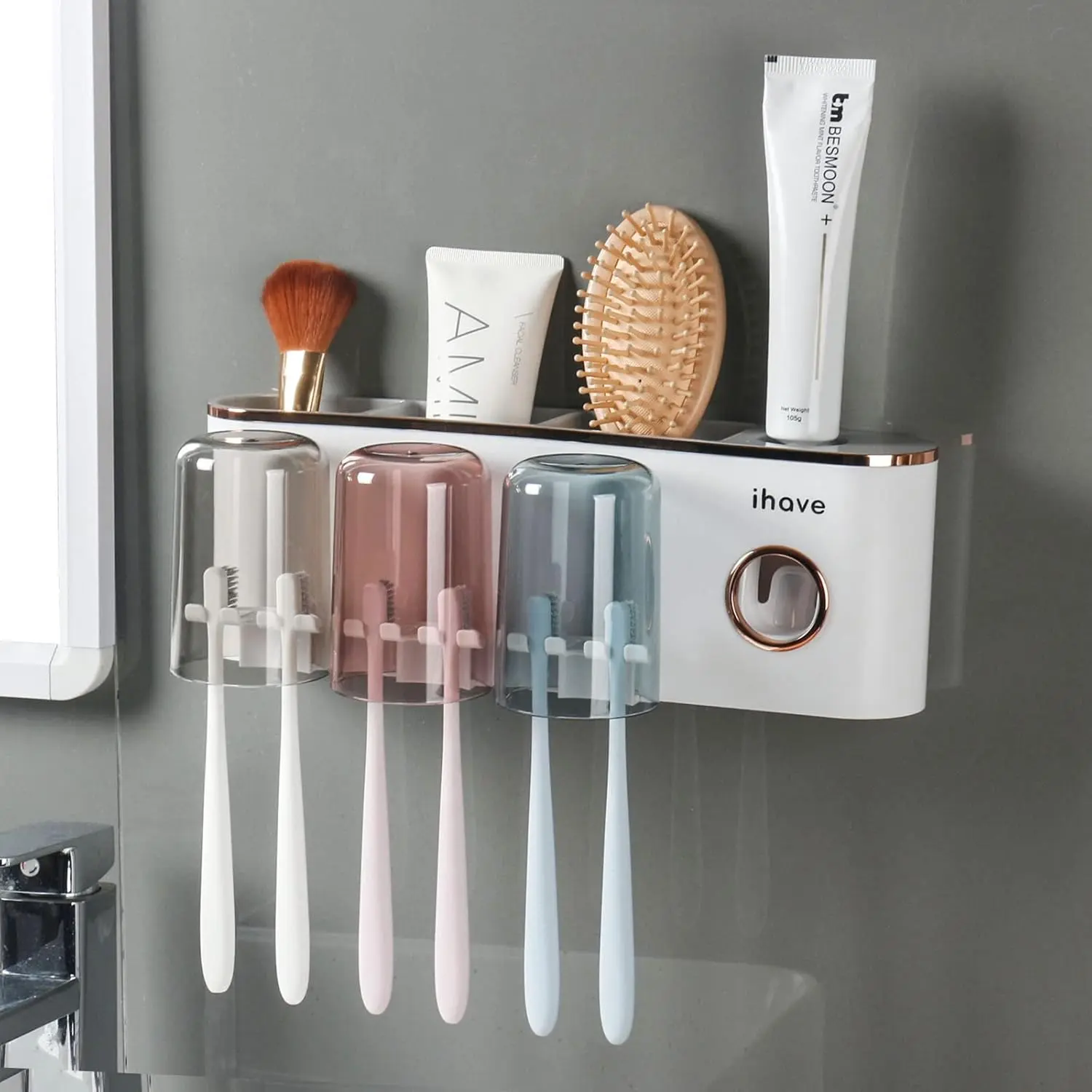 Toothbrush Holders for Bathrooms Wall Mounted with Dispenser & 3 Cups| 9 Slots Wall Toothbrush Holders for Bathrooms with Squeeze Toothpaste Dispenser, 3 Cups & 3 Compartments Organizer