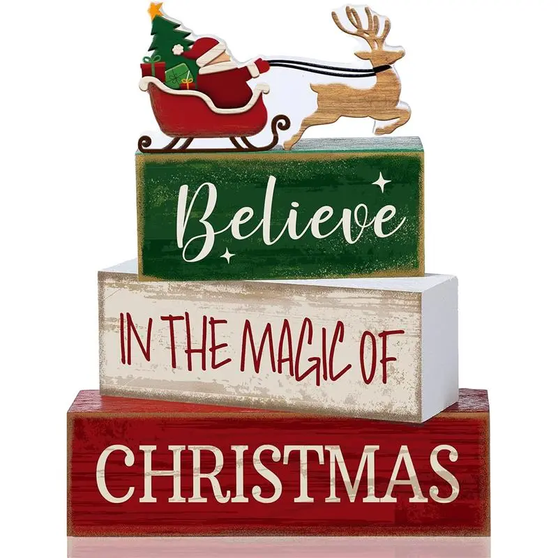 4 Pcs Christmas Table Decoration Wooden Santa Claus Decor Christmas Tiered Tray Decorative Santa Claus Elk Block Sign Gift Farmhouse Xmas Table Centerpiece for Home Kitchen Shelf Believe in the Magic of Christmas