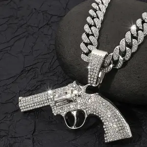 American hiphop full diamond pistol pendant Cuban chain necklace trendy nightclub personalized men's hip hop Cuban chainhigh density，high density daily wear necklace
