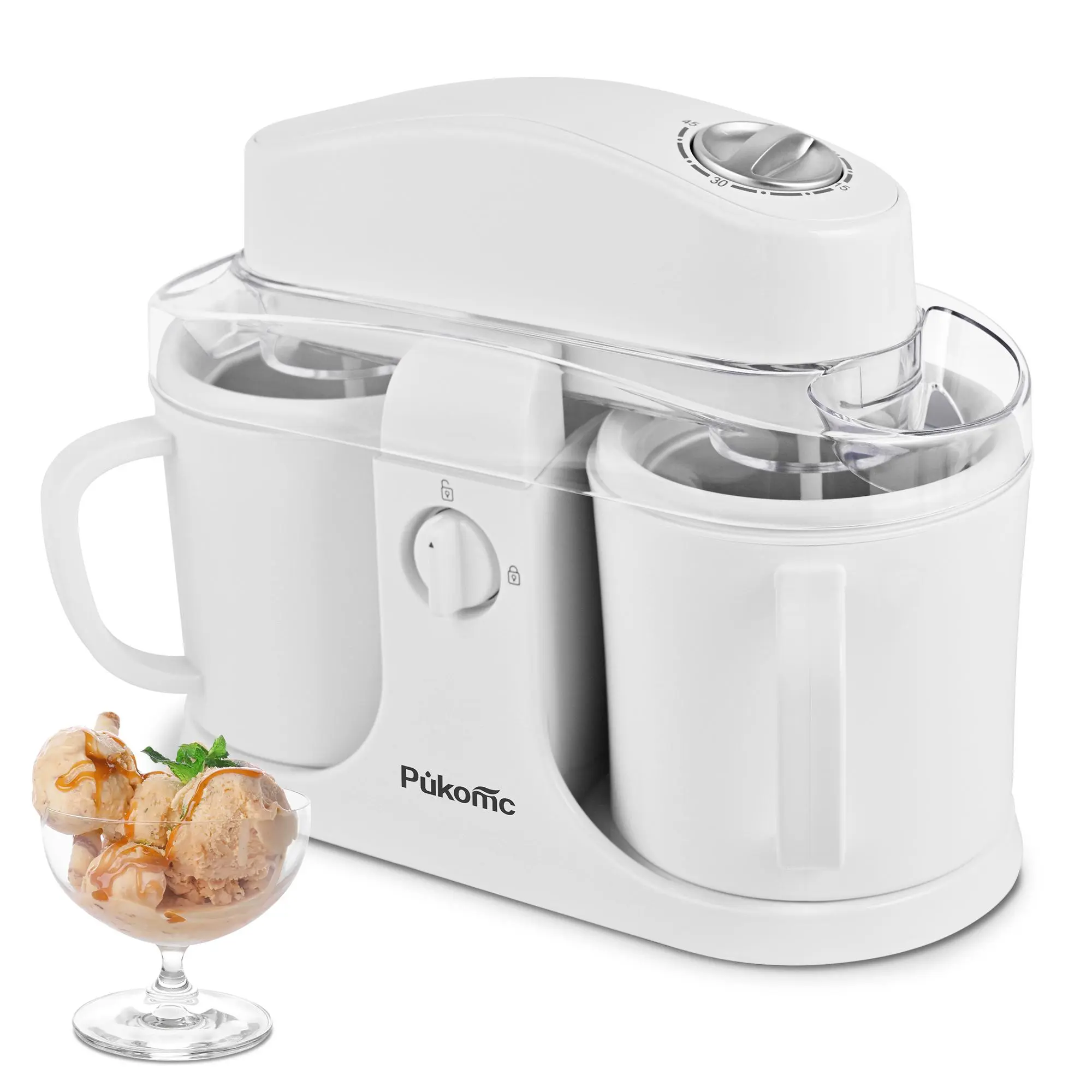Pukomc 2-in-1 Electric Ice Cream Maker – Create Homemade Gelato & Sorbet in Minutes with Fast-Freeze Bowl, Adjustable Timer, and Easy-Mix Lid for DIY Frozen Treats