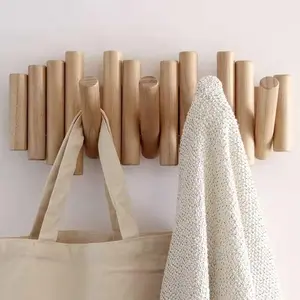 Wooden Coat Rack, 1 Count Wall Mounted Wooden Sticks Multi Rack, Wall Mount Design, Solid Wood Artwork with 5 Flip-down Unique Modern Hooks for Coats Bag Hat Umbrella, Organiser