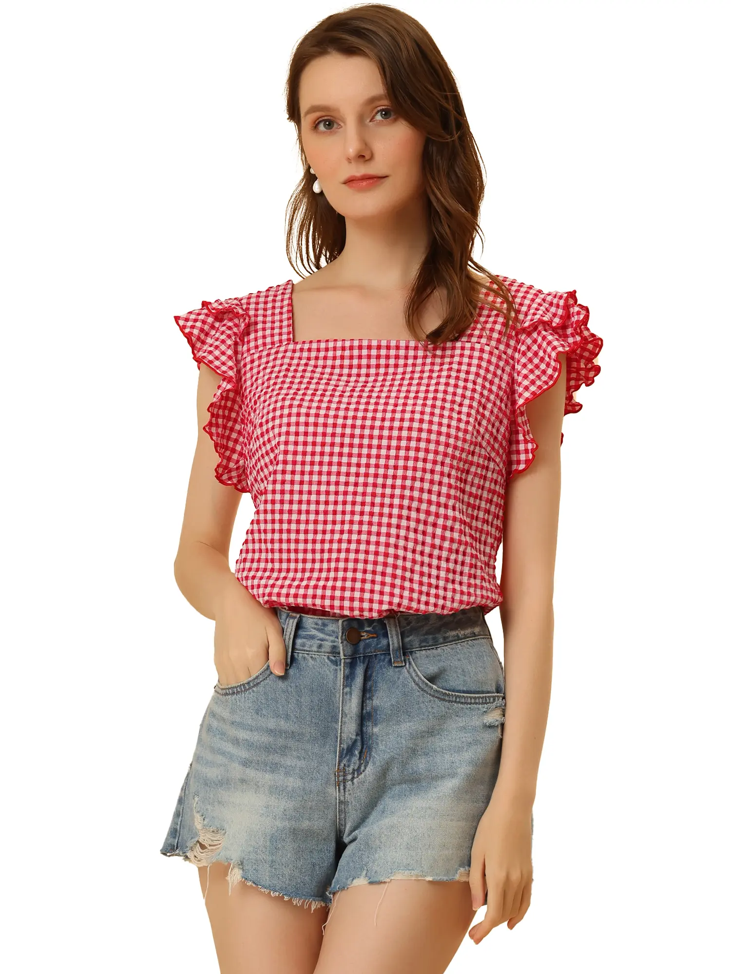 INSPIRE CHIC Summer Gingham Tops Square Neck Ruffle Cap Sleeve Blouse
