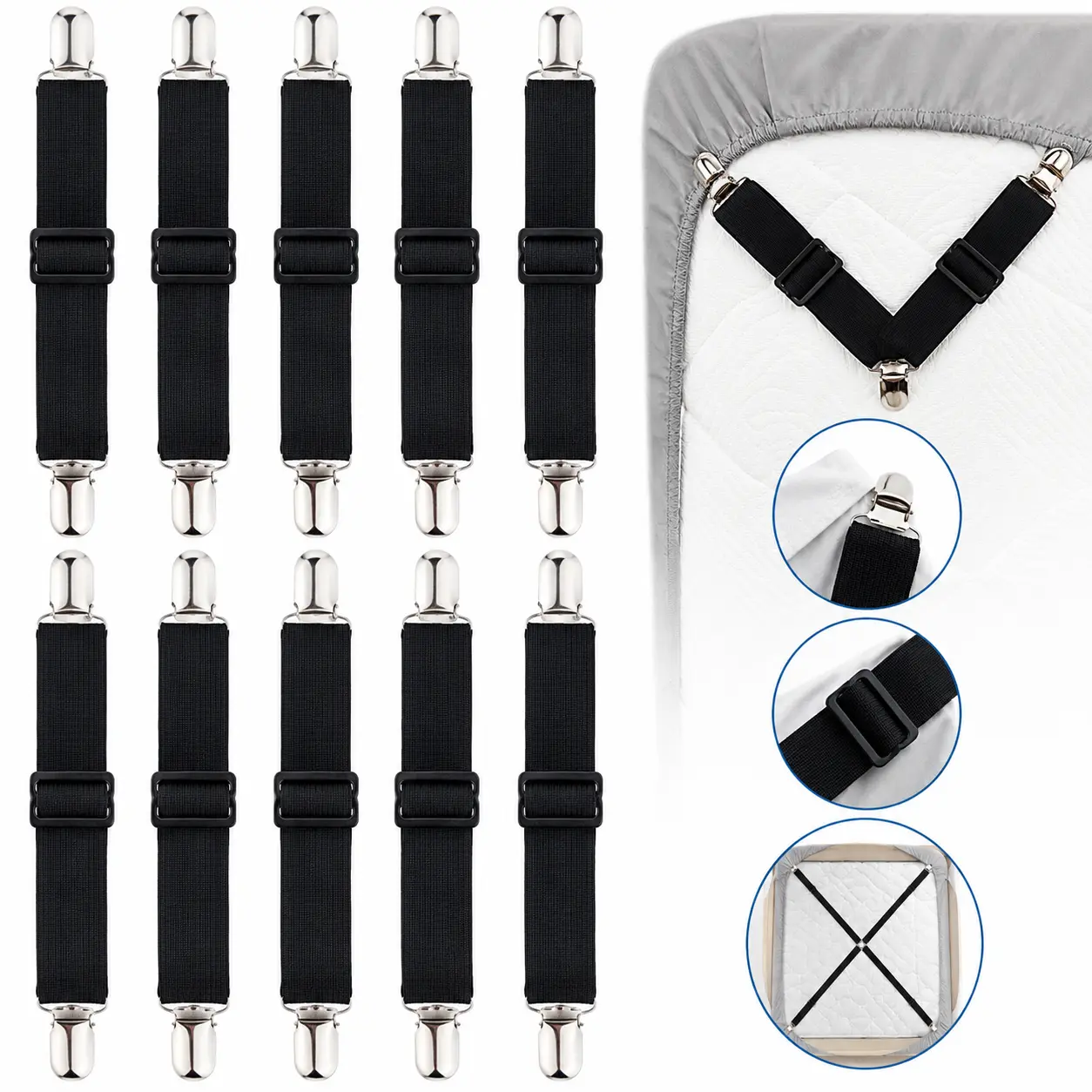 8 Pack Bed Sheet Straps, Adjustable Elastic Fitted Sheet Holder Clips, Heavy Duty Bed Sheet Clips Holders for Corners Mattress Fasteners Suspenders Grippers Sofa Cushion