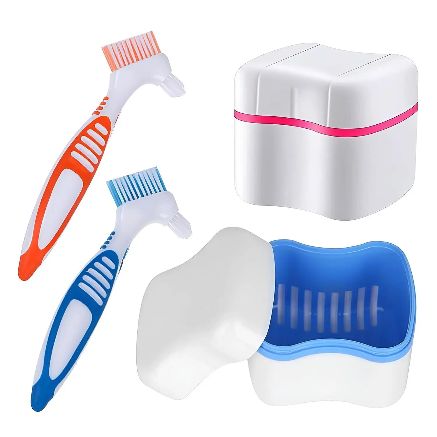 Denture Cleaner Box and Brush Set - 2 Pack Denture Bath Case with Basket + 2 Pack Denture Brush, Portable Denture Retainer Storage Box, False Teeth Brushes for Oral Care (Blue and Red)