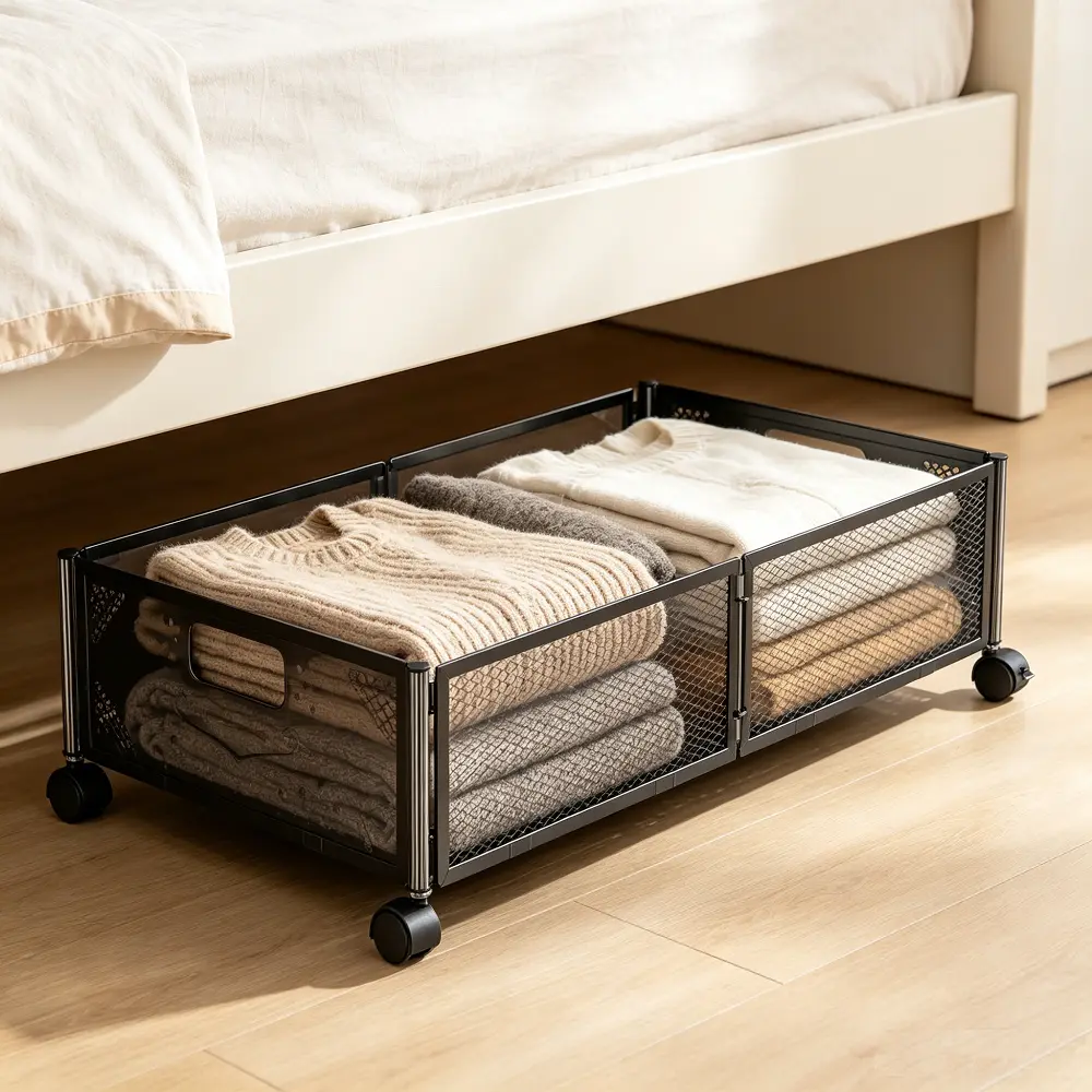 zhengwanhh09j 2PCS Industrial Style Under-Bed Storage Cart – Rolling Metal Mesh Organizer with 4 Wheels, Perfect for Clothes, Books & Accessories!