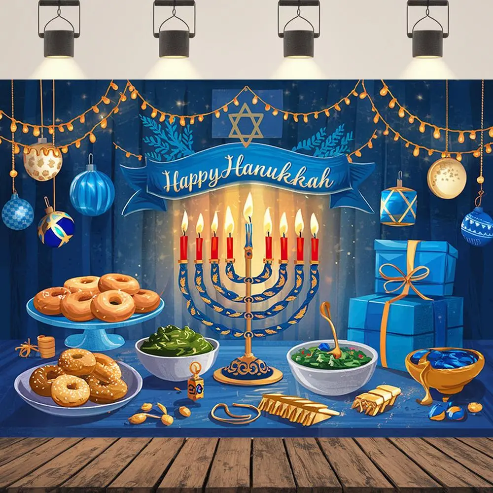 1pc Soft Hanukkah Theme Party Banner - Vibrant Polyester Backdrop with Menorah, Dreidels, Festive Decorations for Home, Wall Holiday Celebration Use, Durable White Background