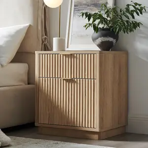 【Limited time deal】 BM-CBX 23'' Fluted Nightstand with Charging Station, Large 2 Drawer Bedside Table, Modern End Table with Storage, Mid Century Night Stand for Bedroom, Living Room, Curved Profile, Natural Oak