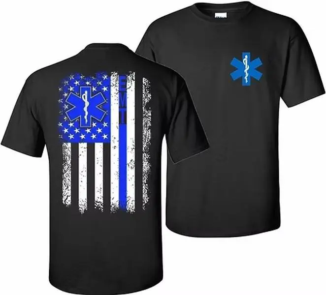EMT Flag T-Shirt, Emergency Medical Technician Blue Line Graphic Tee, Distressed American Flag EMT Symbol Shirt, First Responder Support Apparel