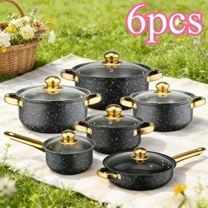 6-Piece non-stick Cooking Pans Set, including milk pan, soup pan and frying pan, stainless steel pan body with heat-resistant lid, suitable for kitchen cooking