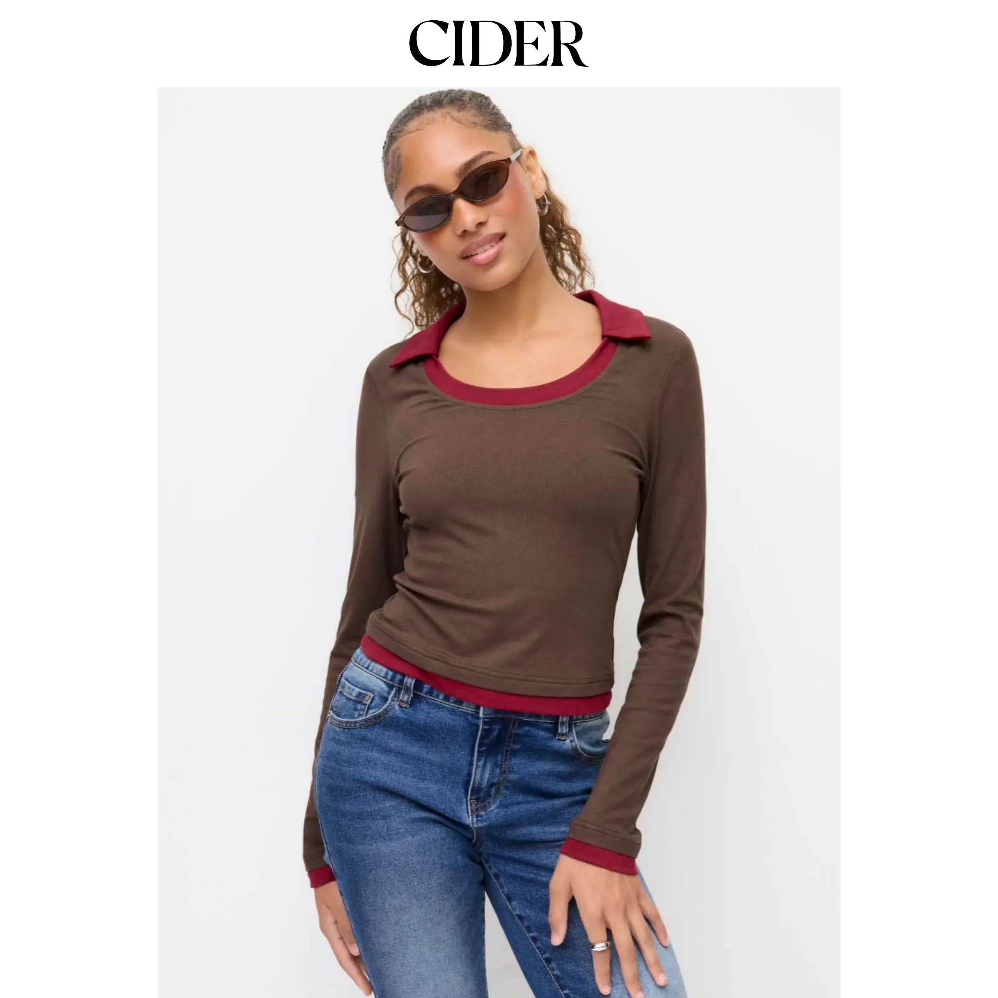 Cider Colorblock Two Tone Collar Scoop Neckline Long Sleeve Tee