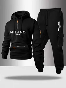 Men's Casual Hoodie Set, Letter Print Design, Drawstring Pocket Sweatshirt & Long Pants, Fall Winter, 2 Piece Pack