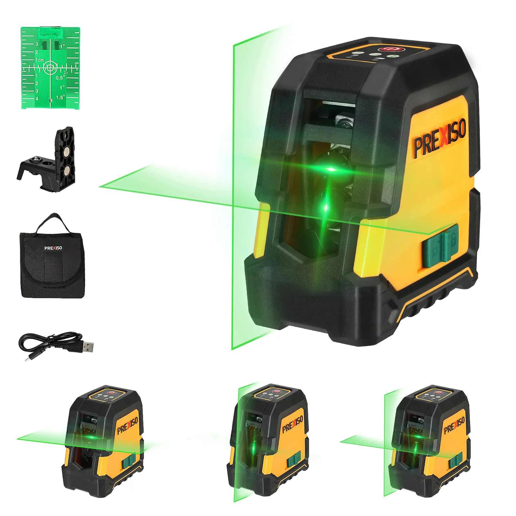 #summersale PREXISO Laser Level Self Leveling - 100Ft Rechargeable Cross Line Laser, Green Line leveler Tool for Construction, Floor Tile, Home Renovation with Magnetic Pivoting Base, Target Plate & Portable Bag