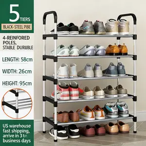 🇺🇸 USA Local Fast Shipping 5‑Tier Shoe Rack with Dust‑Proof Cabinet, Black Steel Pipe Frame, Space‑Saving Storage for Living Room or Entryway, Adjustable 6 or 7‑Tier Design Available