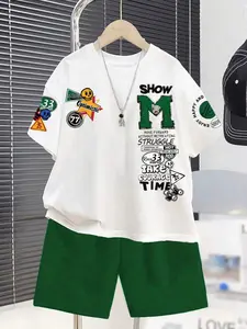 Boys' Casual Letter 3D Fashion Print Round Neck Short Sleeve T-Shirt Shorts Set, Summer Wear, Geometric Pattern, Fitted Style