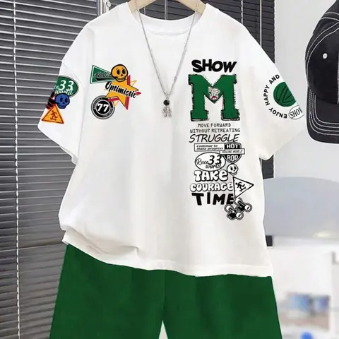 Boys' Casual Letter 3D Fashion Print Round Neck Short Sleeve T-Shirt Shorts Graphic Print Set Youth Kits, Matching Set, Summer Wear, Summer Clothing Set, Outfits Set, Geometric Pattern, Fitted Style, Clothes Kids