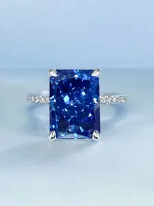 Women's Blue Cubic Zirconia Pave Engagement Ring, Princess Cut Four Prong Ring Wedding Rings S925 Silver Color Wedding Jewelry Gift for Her, Promise Proposal Ring