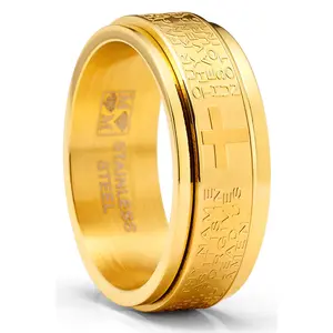 Men's Stainless Steel Lord's Prayer Spinner Fidget Ring Anxiety Band Goldtone Black 8MM