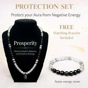 [Mother's Day Gift] Protection Aura Necklace Set with Matching Bracelet, Black and White Natural Energy Stone Beaded Chain, Spiritual Jewelry for Women and Men, Thoughtful Gift for Loved Ones on Birthdays, Holidays and Celebrations
