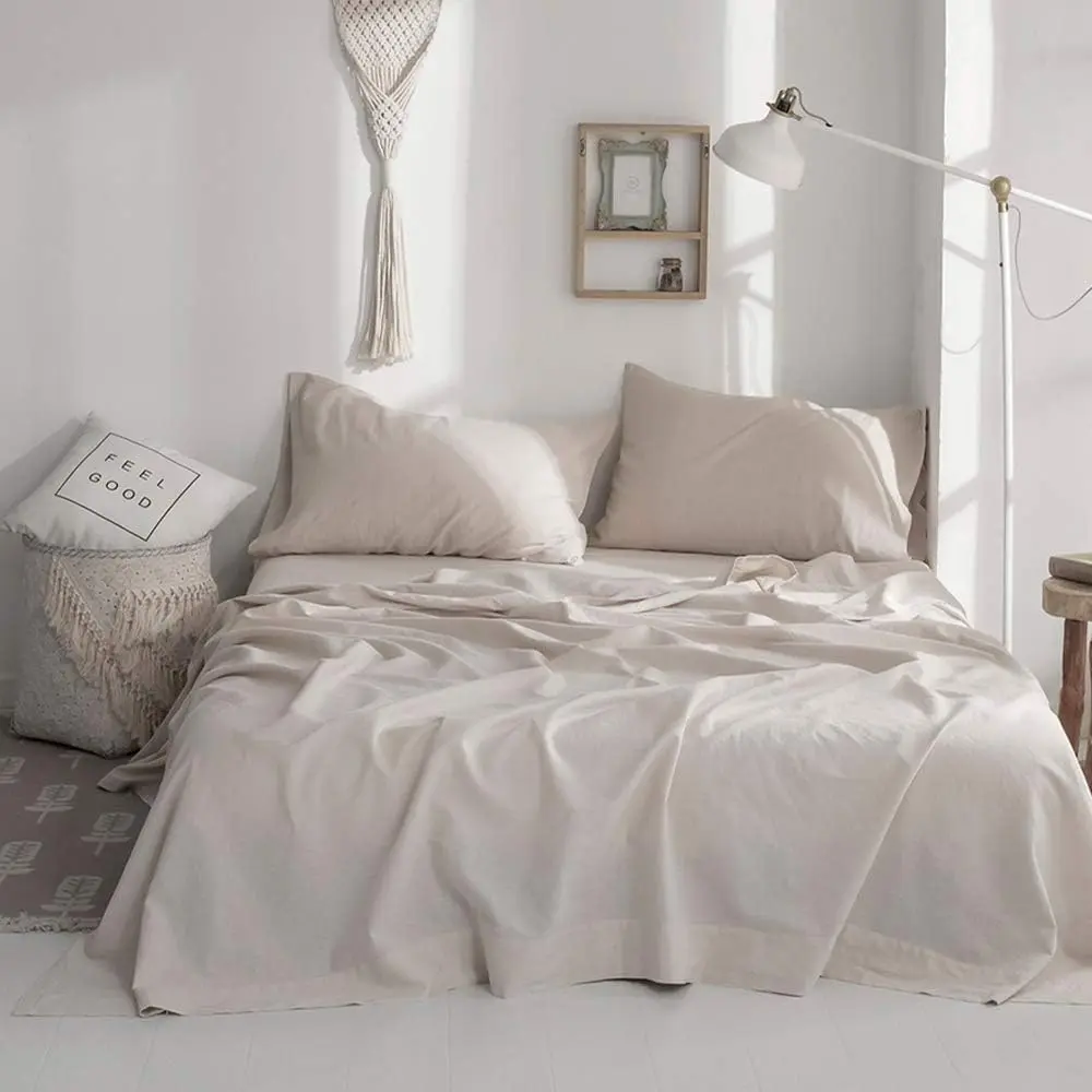 Belgian Linen Cotton 4-Piece Bed Sheet Set - 1 Flat, 1 Fitted, 2 Pillowcases, Cooling Breathable Soft Durable Skin-Friendly Blend, Fits Up to 14" Solid Color Farmhouse Bedding, Do Not Bleach, Gentle Cycle With Like Colors#tiktokshopsummersale