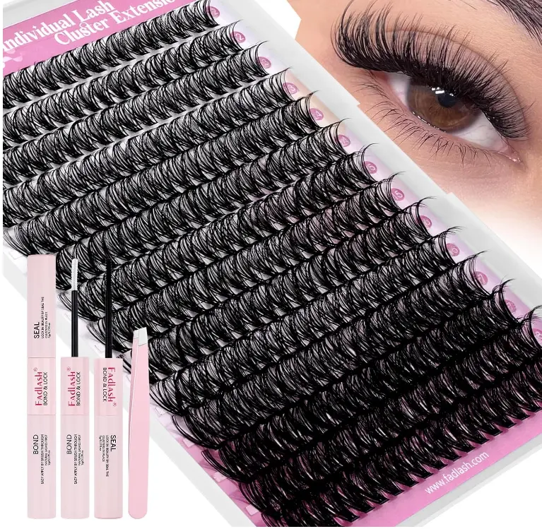 FADLASH Lash Extension Kit DIY Natural Lash Clusters Kit 40D D Curl Eyelash Clusters Individual Eyelash Extension Kit with Lash Bond and Seal Lash Tweezers for Self Use (40D-0.07D-12-18MIX KIT)