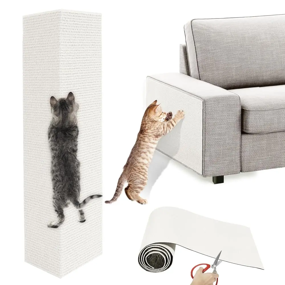 Cat Scratcheing pad,Pawaboo Sticky Purrito Furniture Protector for Table Legs&worn-out cat tree 100% Natural Sisal,No Mess Debris Extra Hanging Mouse Toy (19.7”x9.8”)​environmentally Friendly,Cat stuff Cat tree replace Toys with Hook & Loop cat claw nails