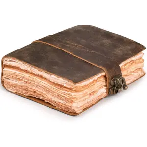Leather Bound Vintage Journal for Women & Men - Book of Shadows - Lock Closure - 200 Pages of Antique Deckle Edges Handmade Watercolor Paper - Rustic Brown - 7X5 inches